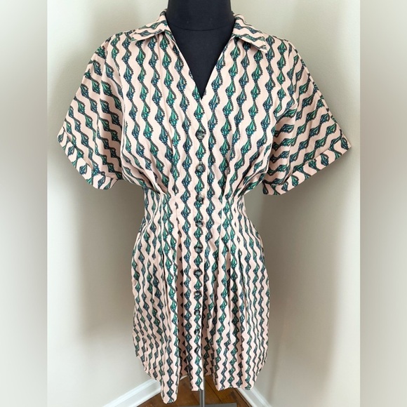 NWT Saloni Riya Ocean Stripe Seashell Print Stretch Cotton Pleated Mini Dress - Picture 4 of 14